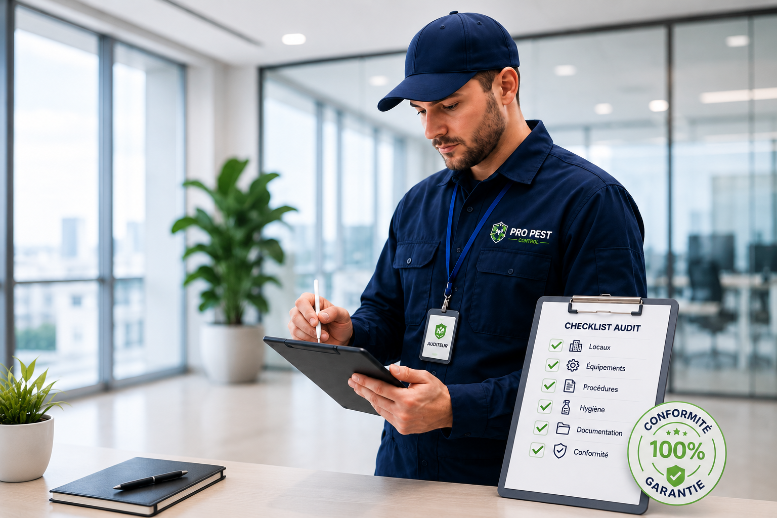 Agent Pro Pest Control réalisant un audit d'hygiène et de sécurité
