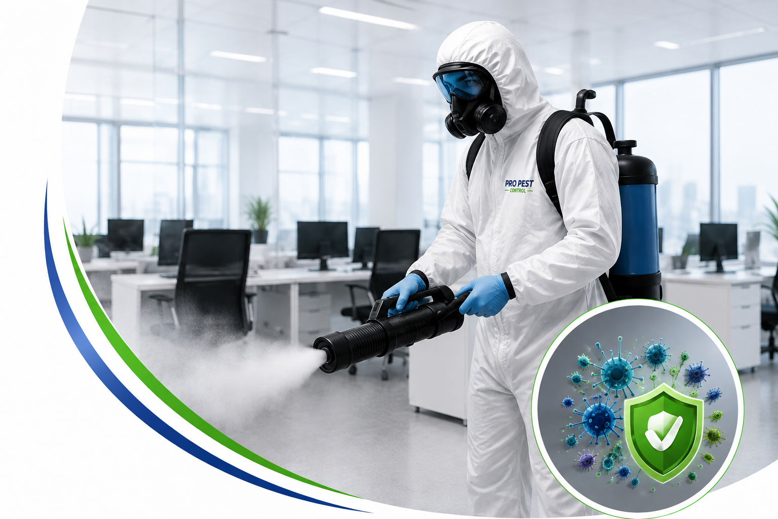 Technicien Pro Pest Control réalisant une désinfection professionnelle