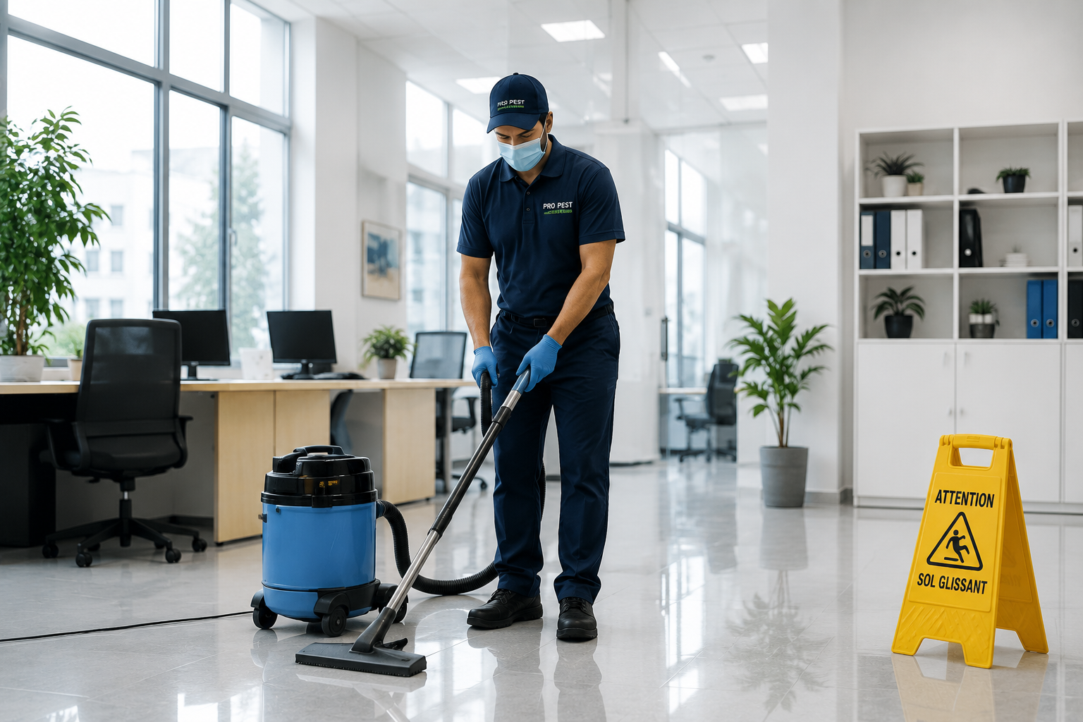 Agent Pro Pest Control réalisant un nettoyage professionnel