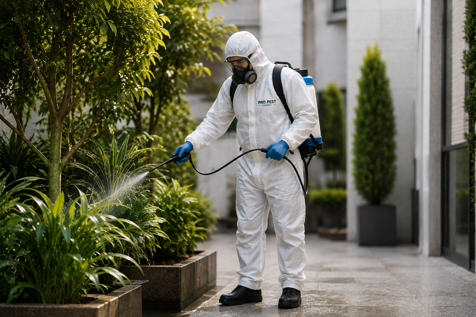 Technicien Pro Pest Control réalisant un traitement préventif